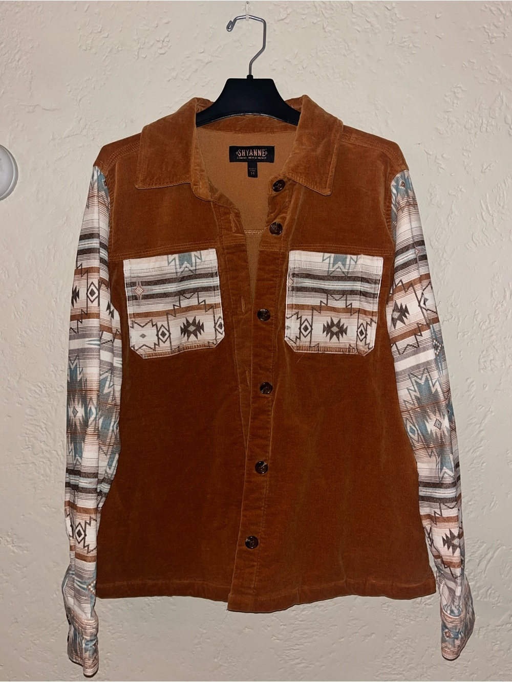 Shyanne Rust Corduroy Shacket with Aztec Patterned Sleeves